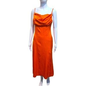 Orange Satin Silk Slip Maxi Dress Cowl Neck